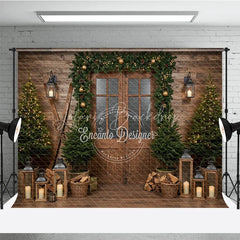 Lofaris Rustic Ski Lodge Christmas Photography Backdrop Wooden Door with Garland and Lanterns Cozy Holiday Cabin Background