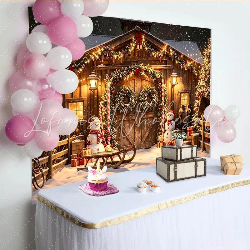 Lofaris Rustic Snowy Christmas Holiday Backdrop with Wooden Barn Festive Lights and Snowmen for Winter Photography