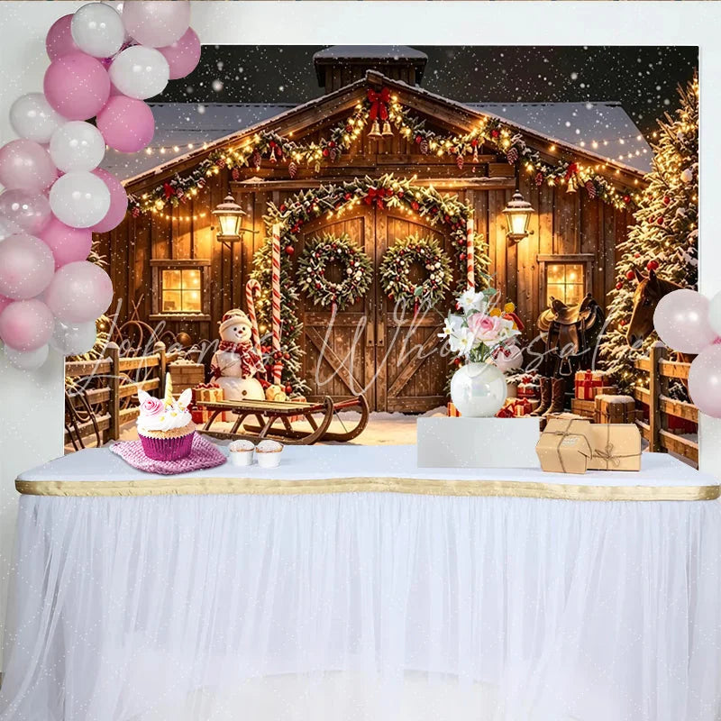 Lofaris Rustic Snowy Christmas Holiday Backdrop with Wooden Barn Festive Lights and Snowmen for Winter Photography