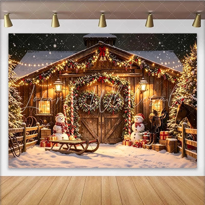 Lofaris Rustic Snowy Christmas Holiday Backdrop with Wooden Barn Festive Lights and Snowmen for Winter Photography