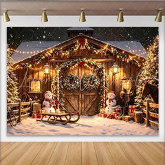 Lofaris Rustic Snowy Christmas Holiday Backdrop with Wooden Barn Festive Lights and Snowmen for Winter Photography