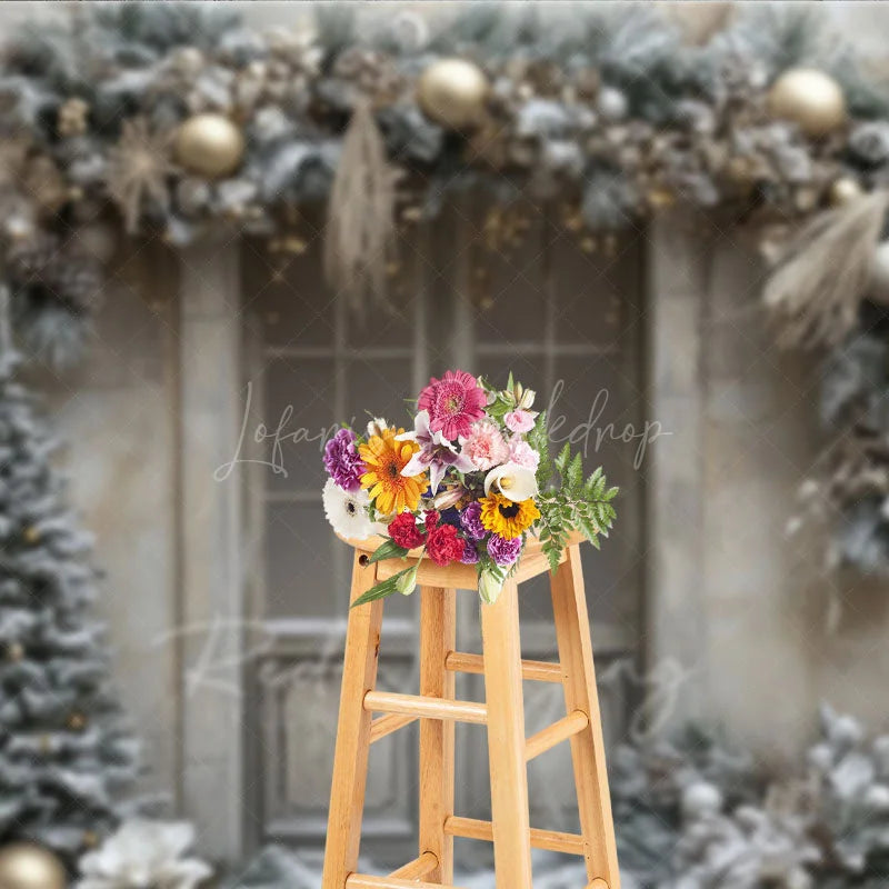 Lofaris Rustic Snowy Door Photography Backdrop Champagne and Silver Garland Flocked Tree Winter Holiday Background
