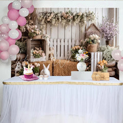 Lofaris Rustic Spring Easter Photography Backdrop with White Rabbit and Flowers Charming Farmhouse Studio Background for Portraits