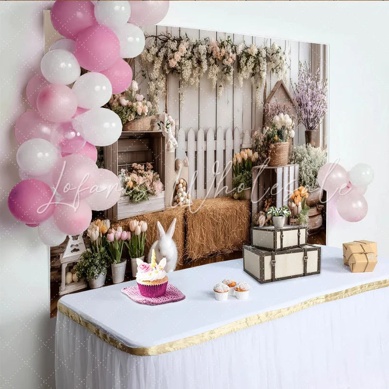 Lofaris Rustic Spring Easter Photography Backdrop with White Rabbit and Flowers Charming Farmhouse Studio Background for Portraits
