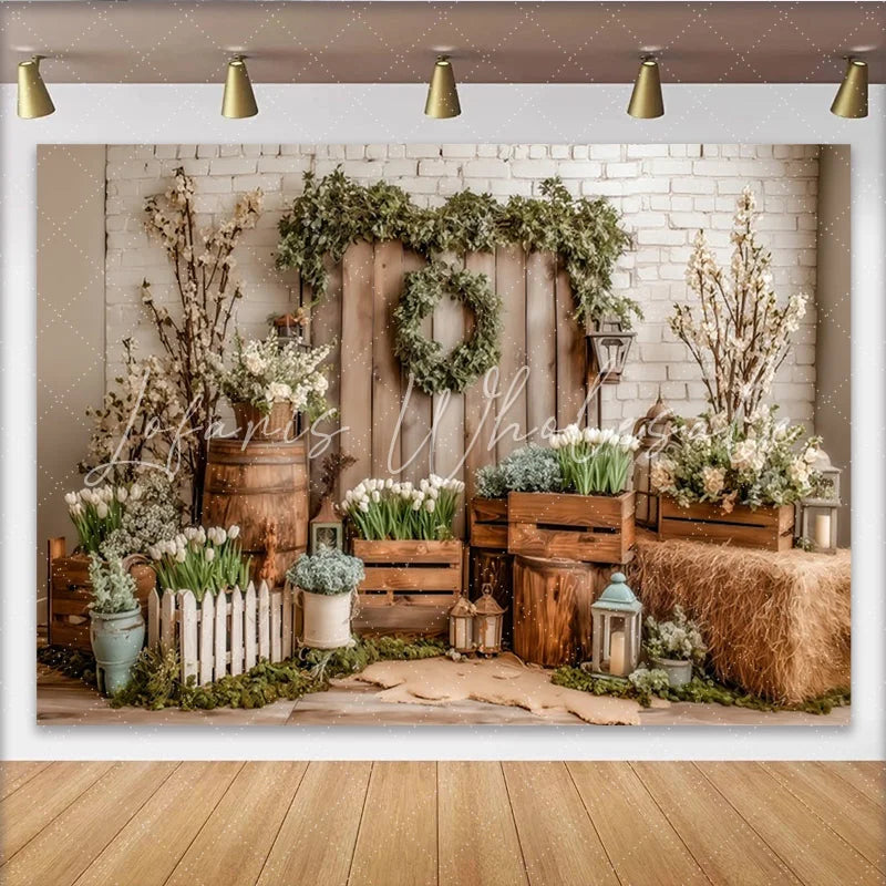 Lofaris Rustic Spring Floral Photography Backdrop with White Tulips Elegant Studio Background for Photoshoot and Event Decor