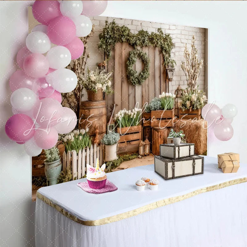 Lofaris Rustic Spring Floral Photography Backdrop with White Tulips Elegant Studio Background for Photoshoot and Event Decor