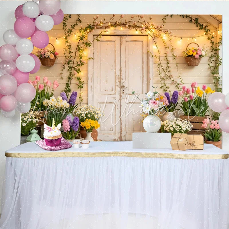 Lofaris Rustic Spring Floral Porch Photography Backdrop with White Door Blooming Flowers and String Lights Garden Photo Background