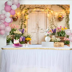 Lofaris Rustic Spring Floral Porch Photography Backdrop with White Door Blooming Flowers and String Lights Garden Photo Background