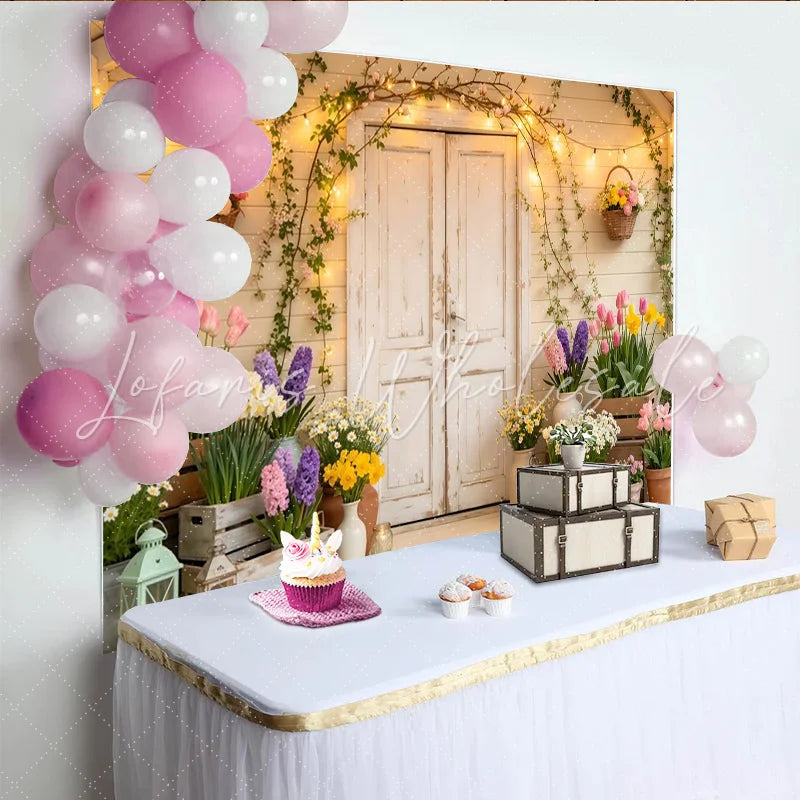 Lofaris Rustic Spring Floral Porch Photography Backdrop with White Door Blooming Flowers and String Lights Garden Photo Background