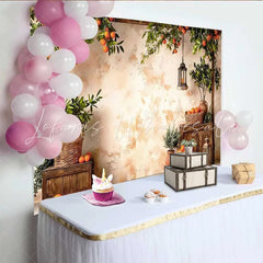 Lofaris Rustic Spring Orange Harvest Backdrop Mediterranean Garden and Lanterns Background