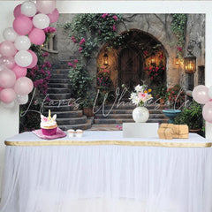 Lofaris Rustic Stone Archway Photography Backdrop with Wooden Door and Pink Bougainvillea Vintage Courtyard Studio Prop