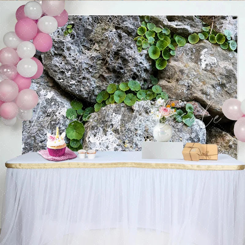 Lofaris Rustic Stone Wall Natural Scenery Backdrop with Green Plants Textured Photography Background for Studio Portrait and Photoshoot