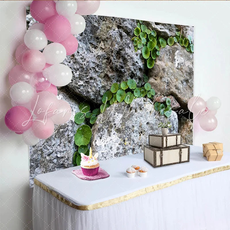 Lofaris Rustic Stone Wall Natural Scenery Backdrop with Green Plants Textured Photography Background for Studio Portrait and Photoshoot