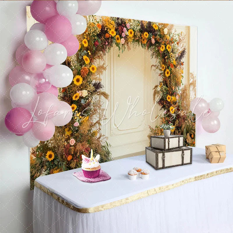 Lofaris Rustic Sunflower and Pampas Grass Floral Arch Party Backdrop Bohemian Wedding or Fall Photo Shoot