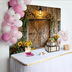 Lofaris Rustic Sunflower Barn Door Photography Backdrop Elegant Wood Background for Studio Portrait and Event Decor