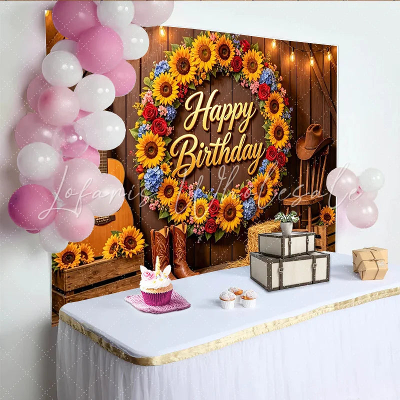 Lofaris Rustic Sunflower Cowboy Happy Birthday Backdrop with Guitar and Boots Western Themed Party Background for Photoshoot Decoration