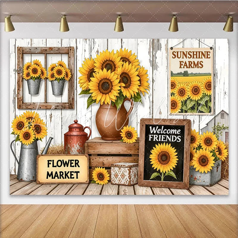 Lofaris Rustic Sunflower Photography Backdrop with Wooden Wall and Welcome Friends Farmhouse Floral Background for Studio Photoshoot