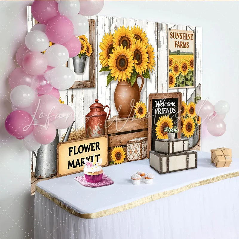 Lofaris Rustic Sunflower Photography Backdrop with Wooden Wall and Welcome Friends Farmhouse Floral Background for Studio Photoshoot