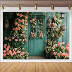 Lofaris Rustic Teal Floral Door Photography Backdrop with Pink Roses and Tulips Elegant Garden Background for Photoshoot