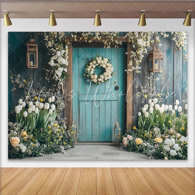 Lofaris Rustic Teal Wooden Door Spring Floral Photography Backdrop Flower Wreath Background for Studio Photoshoot and Party Decor