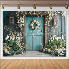 Lofaris Rustic Teal Wooden Door Spring Floral Photography Backdrop Flower Wreath Background for Studio Photoshoot and Party Decor