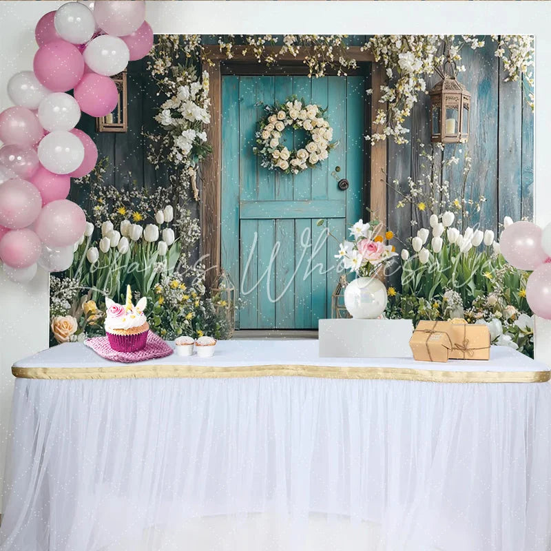 Lofaris Rustic Teal Wooden Door Spring Floral Photography Backdrop Flower Wreath Background for Studio Photoshoot and Party Decor