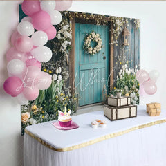 Lofaris Rustic Teal Wooden Door Spring Floral Photography Backdrop Flower Wreath Background for Studio Photoshoot and Party Decor