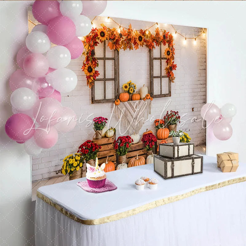 Lofaris Rustic Thanksgiving Backdrop with Pumpkins Fall Leaves and White Brick Wall Autumn Harvest Photo Background for Party Decor