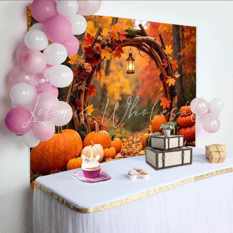 Lofaris Rustic Thanksgiving Photography Backdrop with Pumpkins and Fall Leaves Enchanting Forest Background for Autumn Party Decor