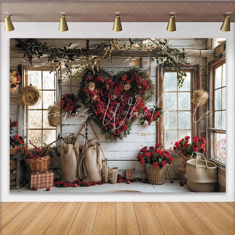 Lofaris Rustic Valentine’s Day Backdrop with Red Roses Heart Wreath Romantic Window Scene for Couples Celebration.