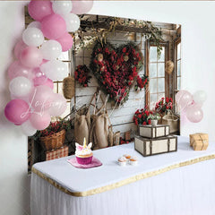 Lofaris Rustic Valentine’s Day Backdrop with Red Roses Heart Wreath Romantic Window Scene for Couples Celebration.