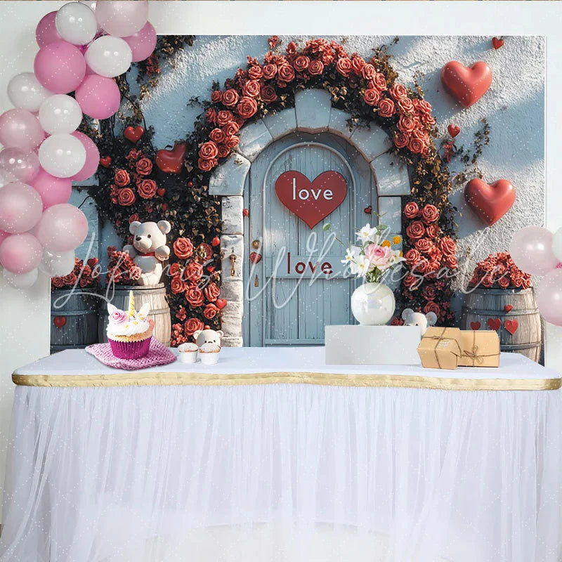 Lofaris Rustic Valentines Day Backdrop with Red Roses Hearts and Teddy Bears Romantic Door Background for Couple Photoshoot