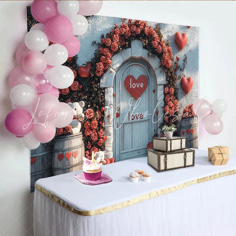 Lofaris Rustic Valentines Day Backdrop with Red Roses Hearts and Teddy Bears Romantic Door Background for Couple Photoshoot