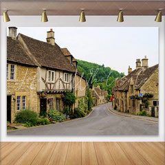 Lofaris Rustic Village Street Photography Backdrop with Stone Cottages and Greenery European Town Road Background for Photoshoot