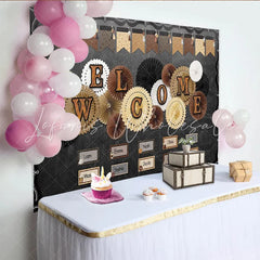 Lofaris Rustic Welcome Chalkboard Backdrop with Coffee and Decorative Paper Fans Versatile Studio Background for Classroom Decor