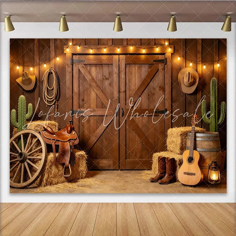 Lofaris Rustic Western Barn Door Photography Backdrop Country Farm Photo Booth Background with String Lights for Studio