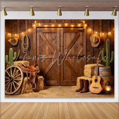Lofaris Rustic Western Barn Door Photography Backdrop Country Farm Photo Booth Background with String Lights for Studio