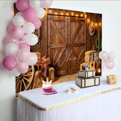 Lofaris Rustic Western Barn Door Photography Backdrop Country Farm Photo Booth Background with String Lights for Studio