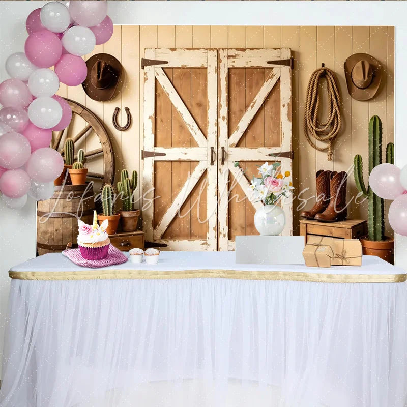 Lofaris Rustic Western Barn Door Photography Backdrop with Cowboy Props Vintage Wood Wall Background for Farmhouse Party or Studio