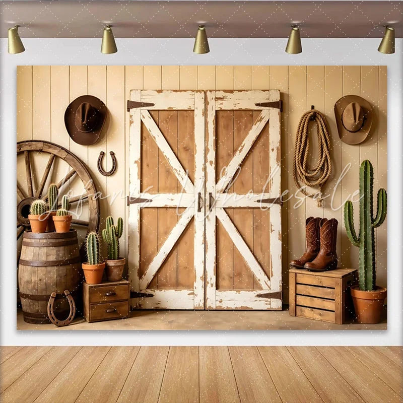 Lofaris Rustic Western Barn Door Photography Backdrop with Cowboy Props Vintage Wood Wall Background for Farmhouse Party or Studio