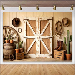 Lofaris Rustic Western Barn Door Photography Backdrop with Cowboy Props Vintage Wood Wall Background for Farmhouse Party or Studio