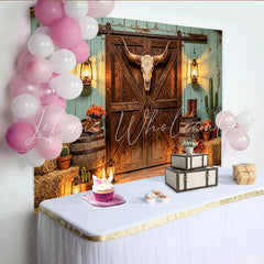 Lofaris Rustic Western Barn Photography Backdrop with Bull Skull and Lanterns Vintage Cowboy Studio Background for Photoshoot