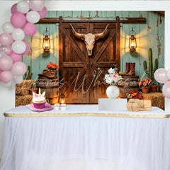 Lofaris Rustic Western Barn Photography Backdrop with Bull Skull and Lanterns Vintage Cowboy Studio Background for Photoshoot