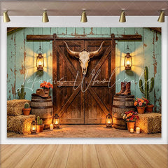 Lofaris Rustic Western Barn Photography Backdrop with Bull Skull and Lanterns Vintage Cowboy Studio Background for Photoshoot
