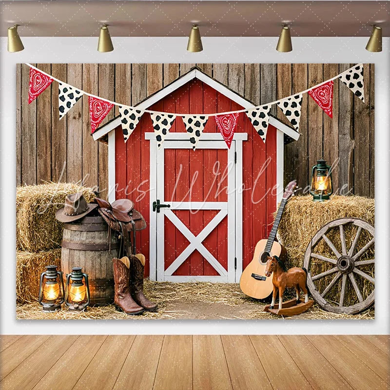 Lofaris Rustic Western Barn Photography Backdrop with Hay Bales and Bunting Cowboy Boots and Hat Photo Background for Studio Photoshoot