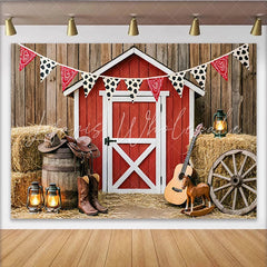 Lofaris Rustic Western Barn Photography Backdrop with Hay Bales and Bunting Cowboy Boots and Hat Photo Background for Studio Photoshoot