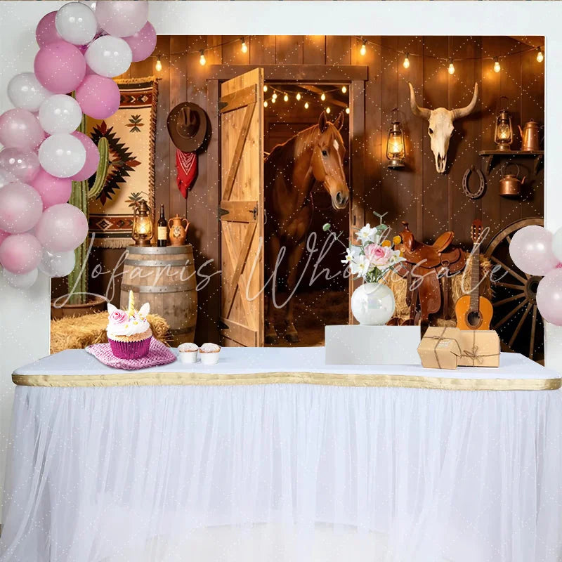 Lofaris Rustic Western Barn Photography Backdrop with Horse and Hay Bales Cowboy Theme Studio Background for Photoshoot