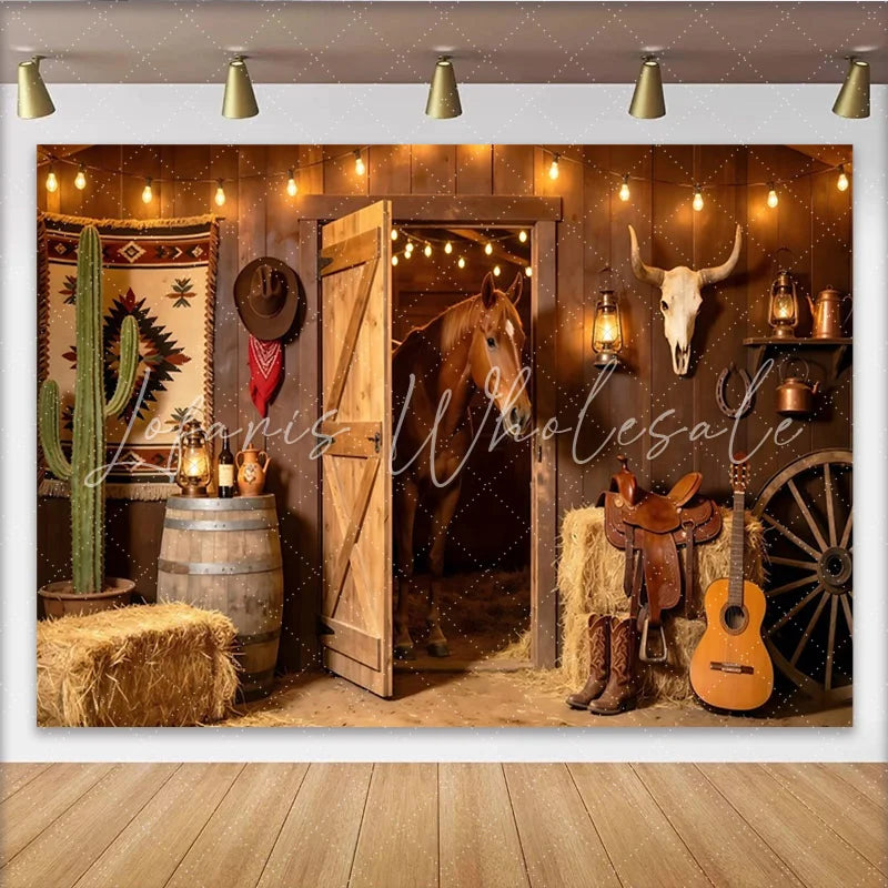 Lofaris Rustic Western Barn Photography Backdrop with Horse and Hay Bales Cowboy Theme Studio Background for Photoshoot
