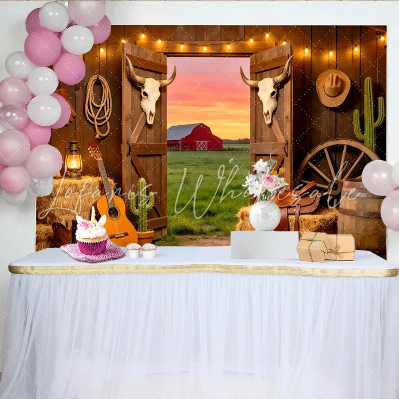 Lofaris Rustic Western Barn Photography Backdrop with Open Doors Scenic Sunset Red Barn Background for Studio Photoshoot