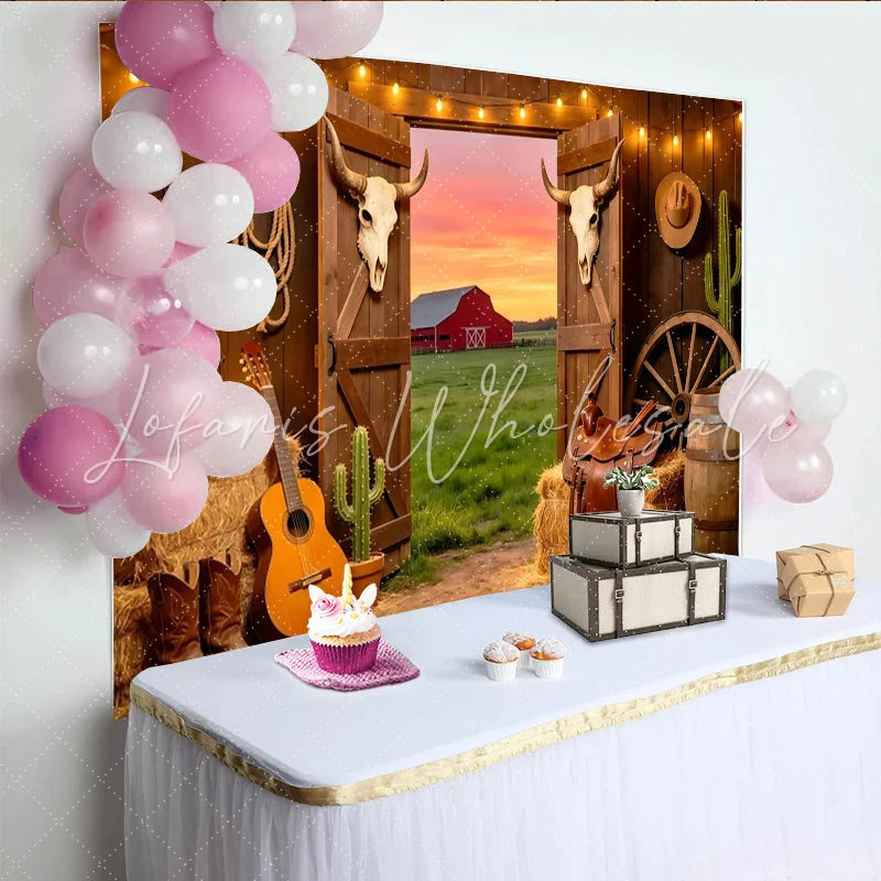 Lofaris Rustic Western Barn Photography Backdrop with Open Doors Scenic Sunset Red Barn Background for Studio Photoshoot